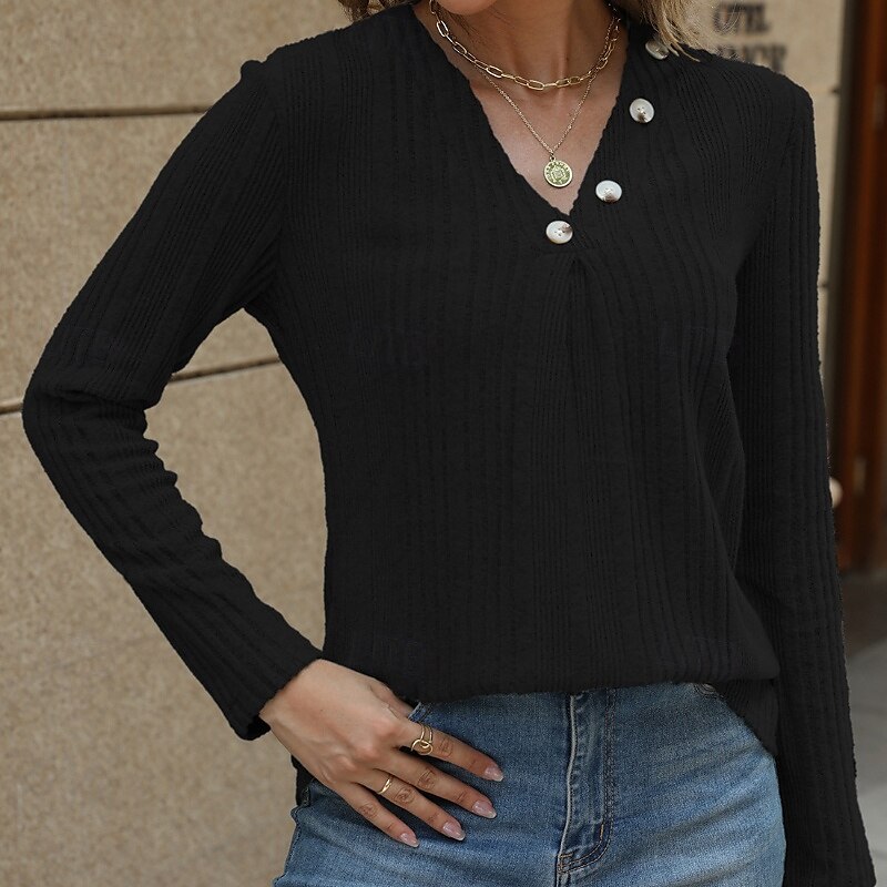Dames Blouse Effen Modern Casual Lange mouw V-hals Normale tops Dagelijks Uitgaan Knop Zwart blauw Fuchsia Bruin Groen Herfst 2025 - $18.99 –P15