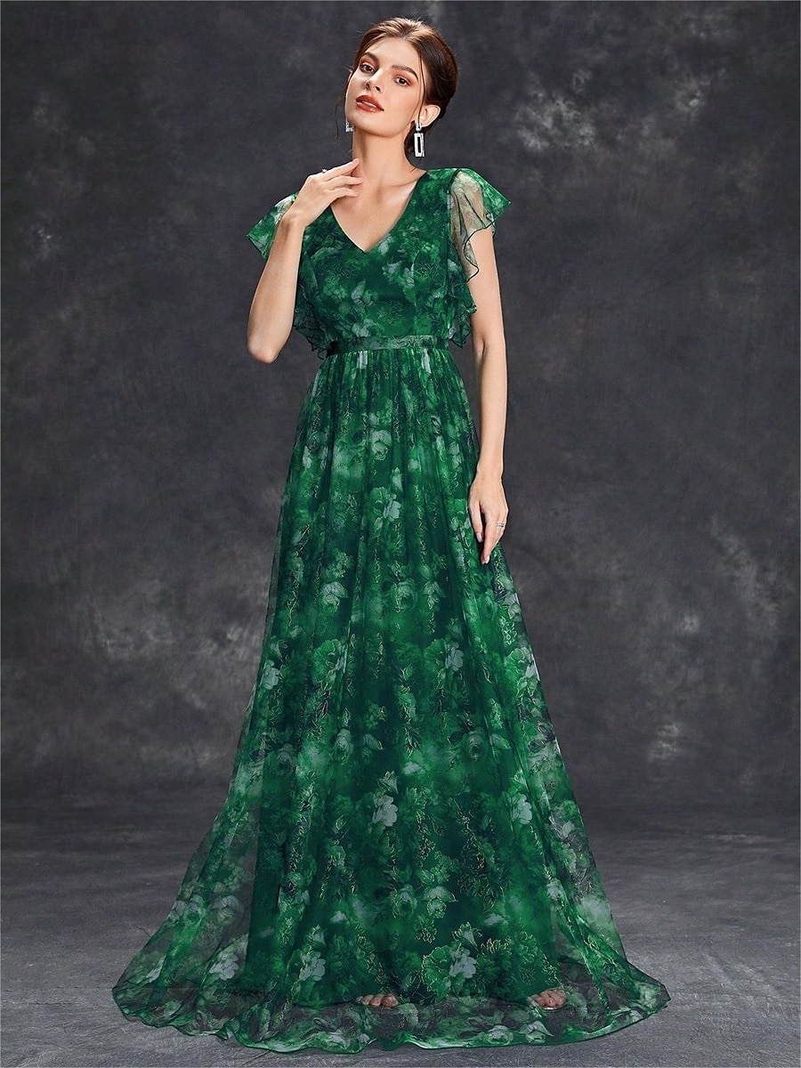 Abiti Quinceanera A-Line abito elegante formale lungo senza maniche scollatura a V in chiffon con stampa floreale del 2025 a $79.99 –P14