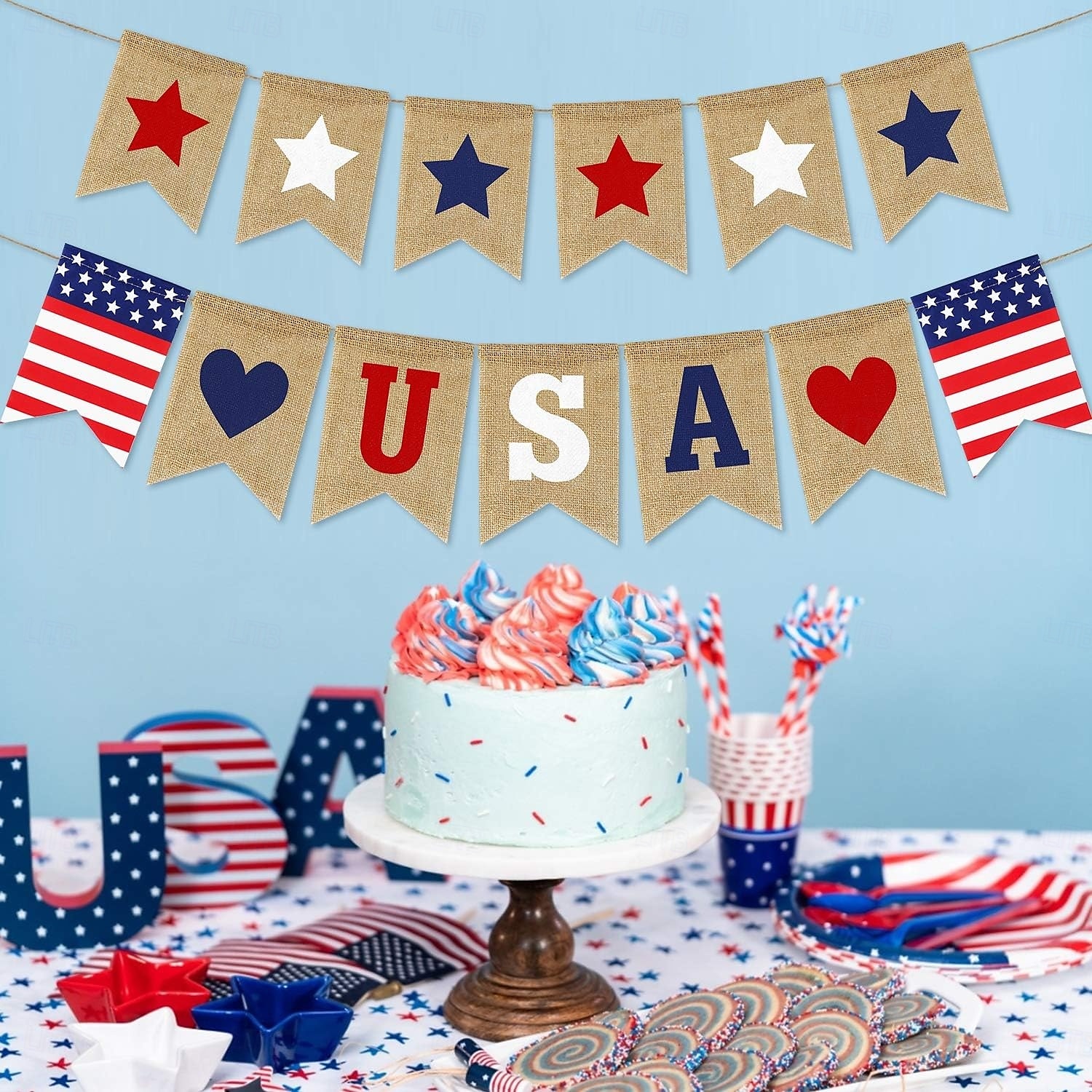 Patriotic USA Banner Burlap 4th of July Decorations Rustic Patriotic Banner Red White Blue Stars Bunting Garland for President Day 4th of July Party Supplies 4th of July Patriotic Outdoor Indoor hanging Decor 2025 - $16.99 –P5
