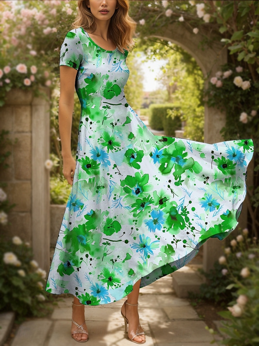 Women's Maxi Dress Casual Dress A Line Dress Summer Dress Elegant Vacation Casual Regular Fit Floral Graphic Short Sleeve Square Neck Yellow Red Blue Purple Summer Fall 2025 - $30.99 –P6