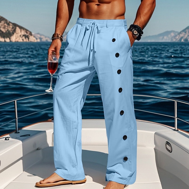 Férfi Vászon nadrág Nadrág Nyári nadrág Bő nadrág Strand nadrág Zsinór Oldalsó gomb Egyenes lábbal Sima Mokaszinok Légáteresztő Teljes hossz Hétköznapi Napi Szabadság Szabadság Divat Fekete Fehér 2025 - $25.99 –P4