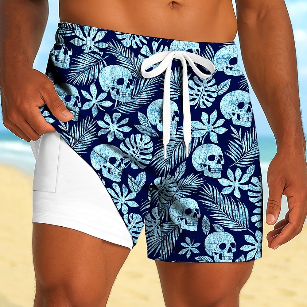 Herr Tropiska växter Dödskalle Blommor Fodrade shorts 2 i 1 simshorts Badshorts Medium Midja Hawaiisk Strandsemester Sidfickor Med kompressionsfoder Elastisk dragsko i midjan Designer Kläder 2025 - $21.99 –P2