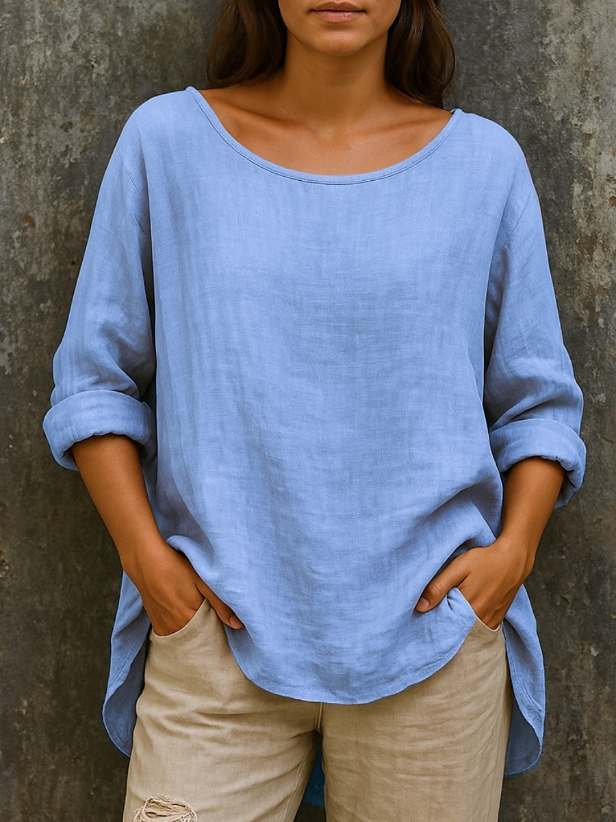 Per donna Camicie di cotone e lino Tinta unica Essenziale Casual Manica Lunga Girocollo Top Regolari Quotidiano Arricciato Rosa Azzurro cielo Verde Cachi Autunno del 2025 a $16.99 –P1