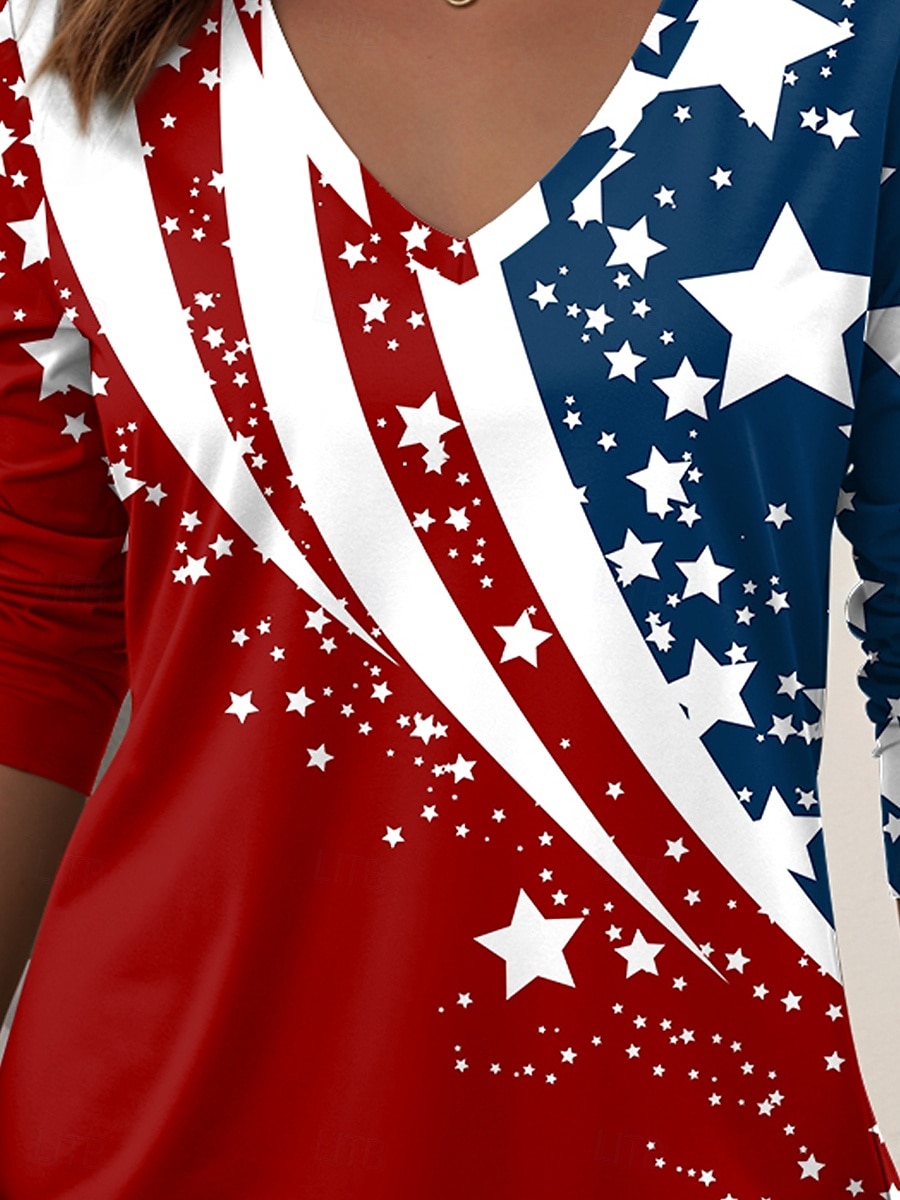 День независимости Патриотическая женская футболка с длинным рукавом винтажная стильная регулярные топы повседневная выходная печать красный тёмно-синий синий весна предосенний 2026 - $24.99 –P3