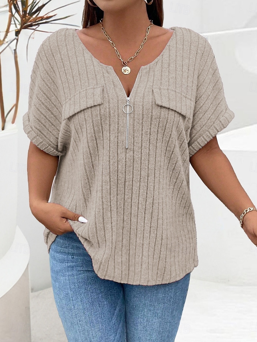 Dámské Plus velikost Topy Tričko Pevná barva Zip Kapsy Krátký rukáv Do V Módní Šik ven Na běžné nošení Denní Víkend Polyester Léto Podzim Světlá růžová Fialová 2025 - $23.99 –P8