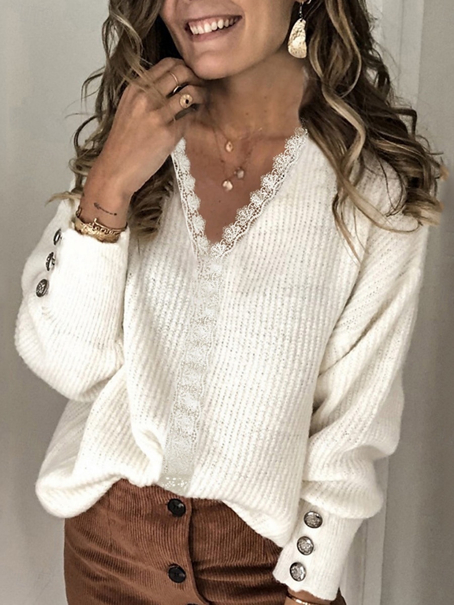 Femmes Haut d'épissage en dentelle Couleur Unie Élégant Occasionnel manche longue Col en V Hauts Réguliers Quotidien Dentelle Patchwork Noir Blanche Rose Claire Vin Gris Été Printemps de 2025 ? $14.99 –P1