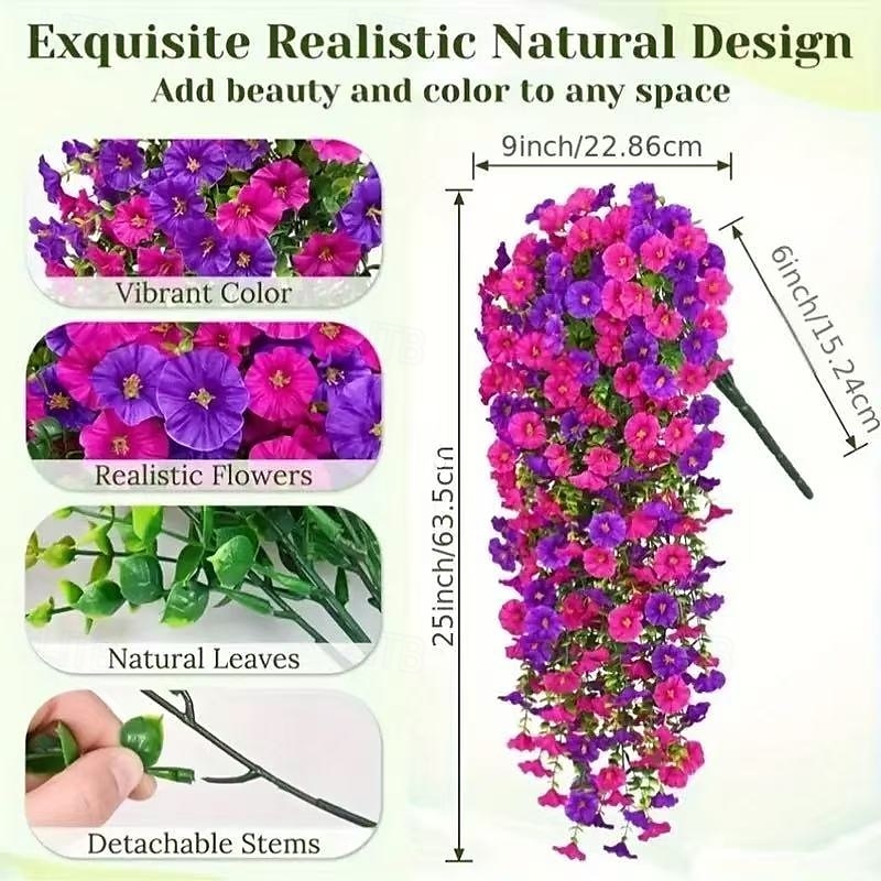 2 шт. искусственных подвесных цветов «Ипомея», устойчивых к ультрафиолетовому излучению, яркие фиолетовые и красно-фиолетовые пластиковые искусственные цветы для крыльца, сада, свадьбы и наружного 2026 - $14.49 –P1