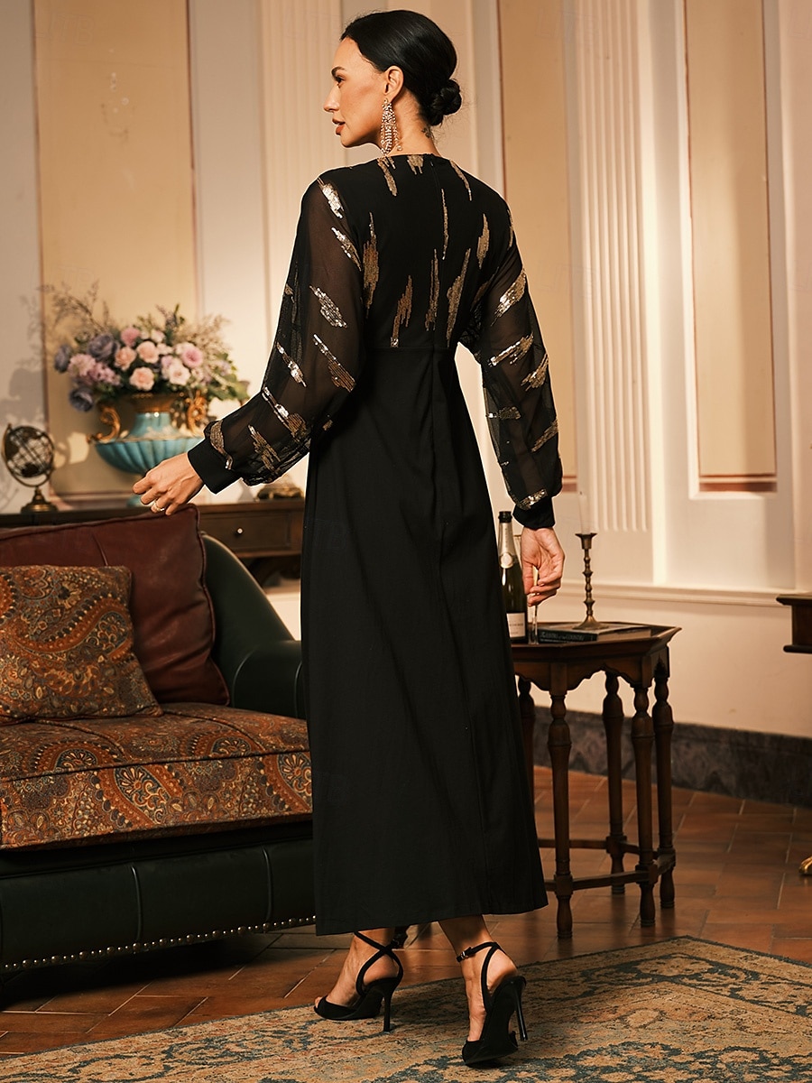Women's Long Dress Sheer Feather Print Sleeves V-neck Black Festive Party Elegant Maxi Winter Fall Clothing Apparel 2025 - $99.99 –P5