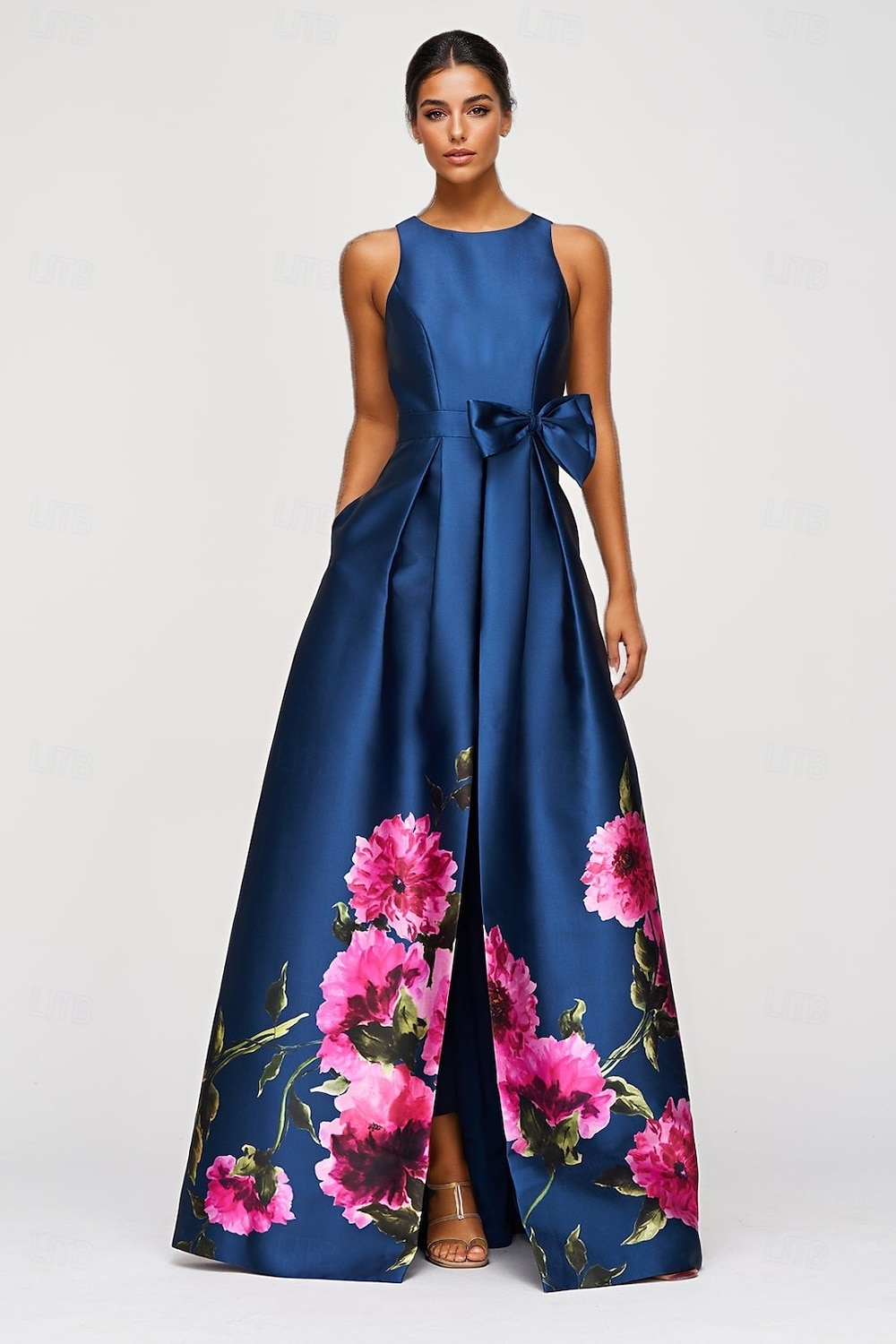 Blue A-Line Evening Gown Elegant Dress Formal Wedding Floor Length Sleeveless High Neck Pocket Satin with Floral Print 2025 - $149.99 –P5