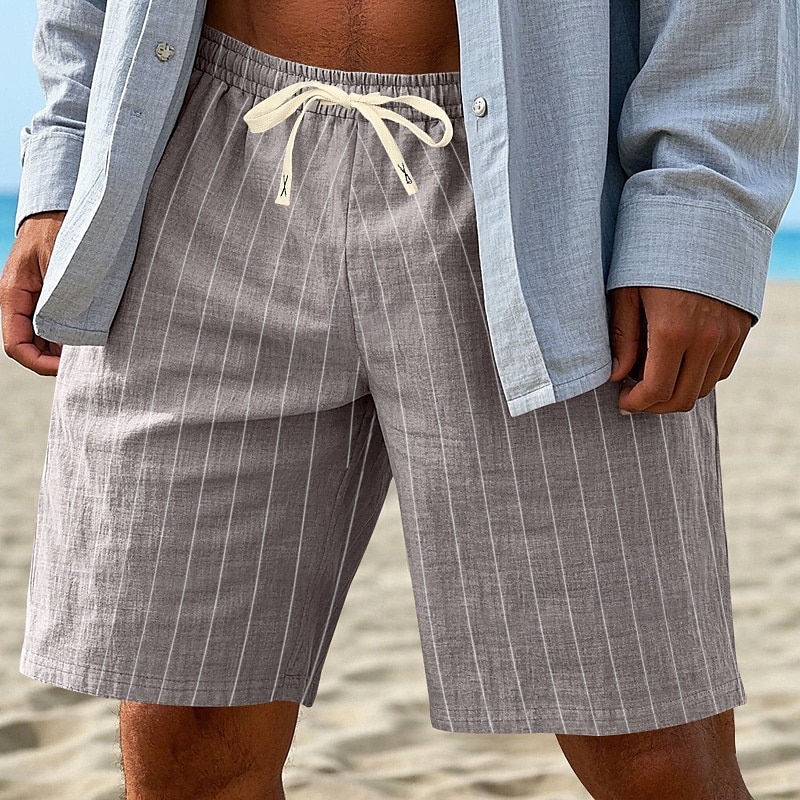 Herre Shorts Lin Shorts Sommershorts Strandshorts Snorer Elastisk midje Stripet Komfort Pustende Knelengde Daglig utendørs Strand Ferie Hawaiisk Kakifarget 2026 - $18.99 –P14