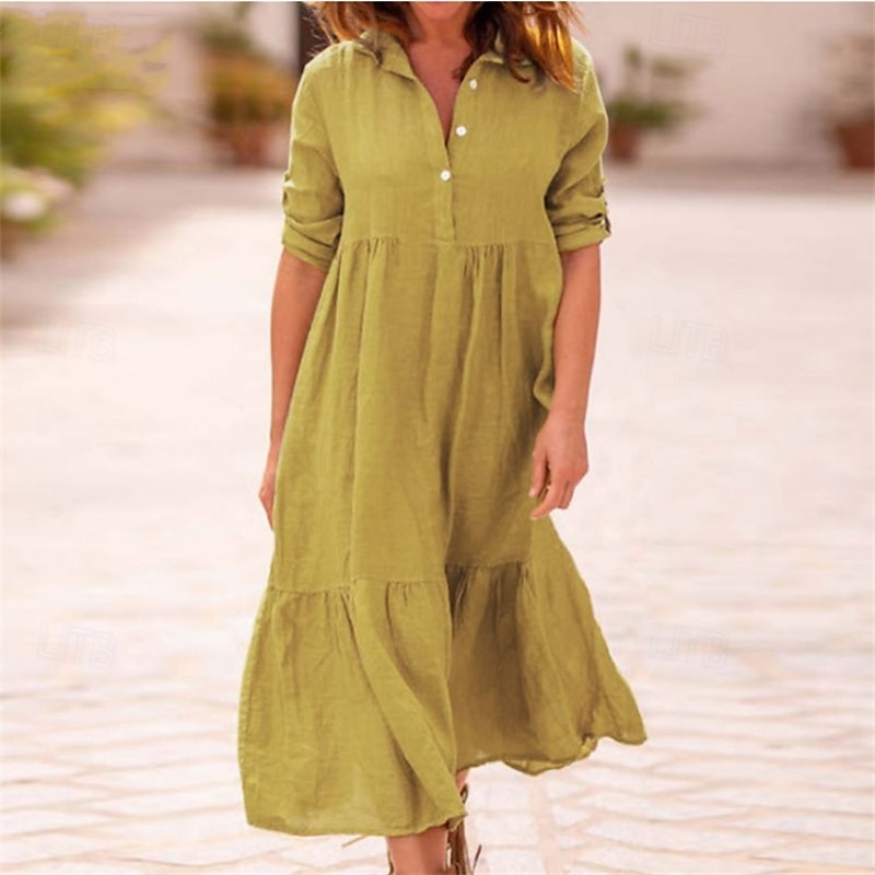 Per donna Abito Midi Vestito Casual Abito in cotone e lino Abito Estivo Moda Moderno All'aperto Data Weekend Vestibilità regolare Semplice Senza Maniche Colletto a Camicia Giallo Vino Verde militare del 2025 a $36.99 –P2