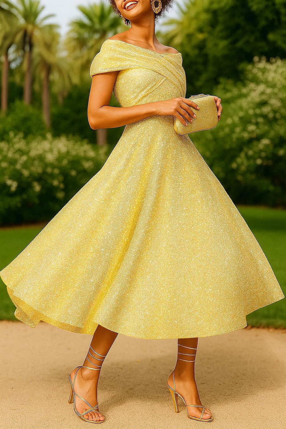 Abiti Cocktail A-Line Jacquard Oro Scintillante Abito Elegante Matrimonio Formale Lunghezza Tè Lunghezza Midi Senza Maniche Spalle Scoperte con Pieghe del 2025 a $159.99 –P1