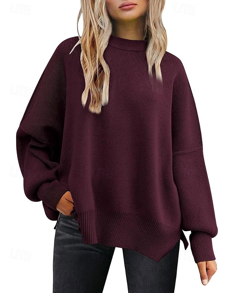 Women's Sweater Pullover Casual Solid Color Ribbed Crew Neck Knitted Long Sleeve Regular Tops Knit Going out Weekend Black White Fall 2025 - $28.99 –P2