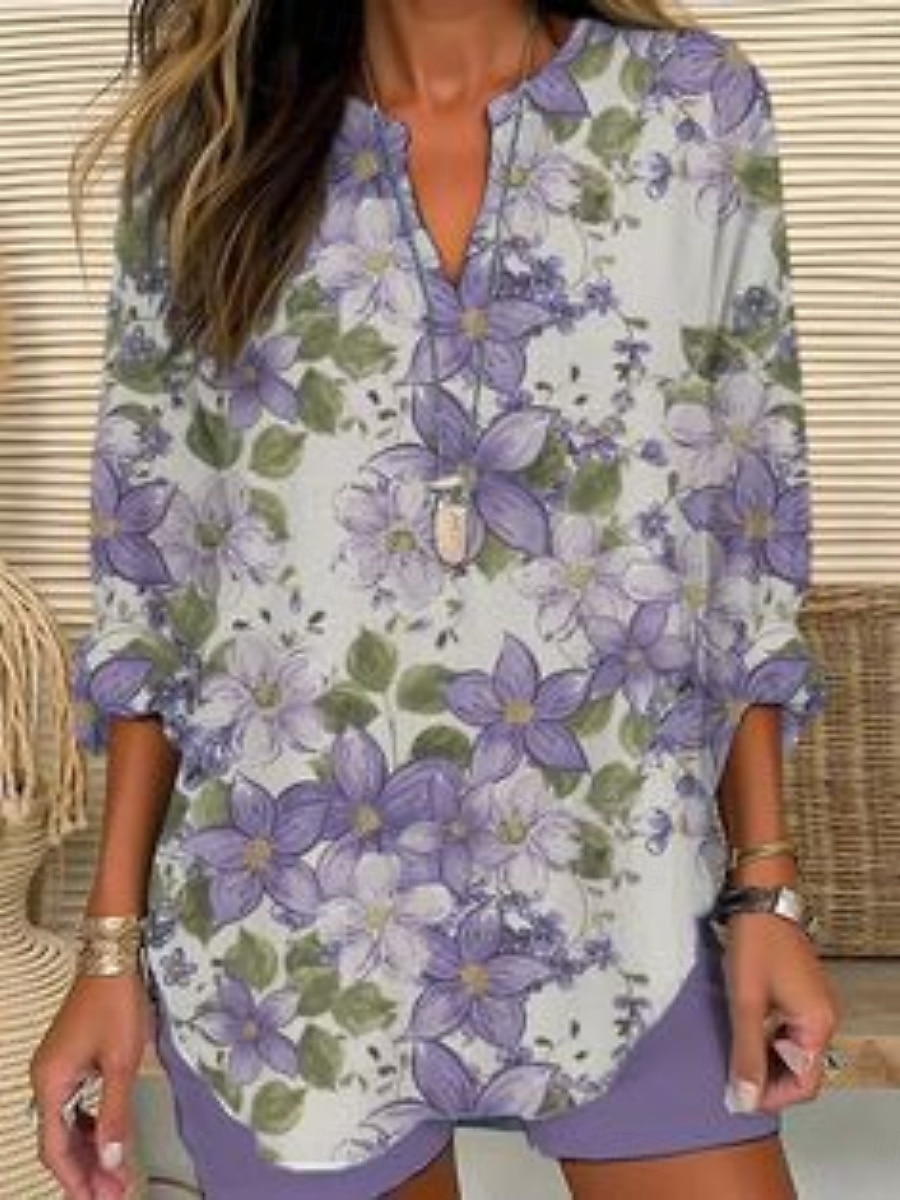 Femmes Chemise Fleuri Élégant Moderne manche longue Col en V Hauts Réguliers Quotidien Fête Boutons Imprimé Rose Claire Violet Vert Beige Été de 2025 ? $24.99 –P4