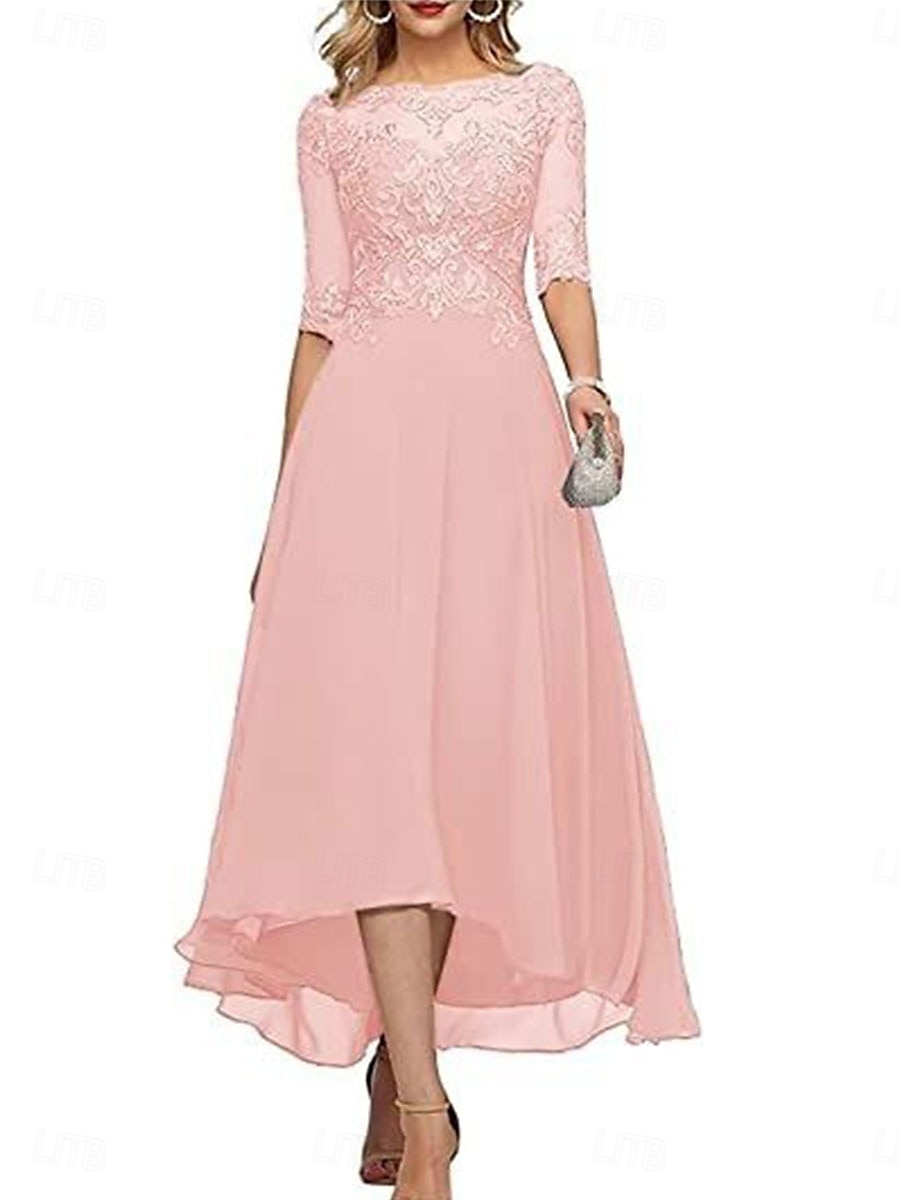 A-Line Mother of the Bride Dress Elegant Crew Neck Floor Length Chiffon Half Sleeve with Solid Color 2025 2025 - $119.99 –P7