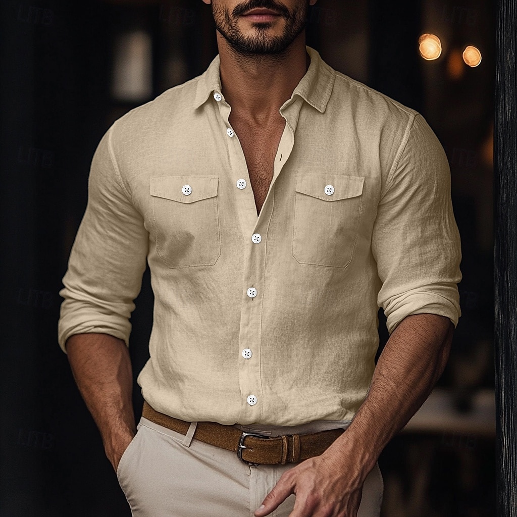 Herren Hemd Leinenhemd Sommerhemd Strandbekleidung Knopfhemd Einfarbig Urlaub Straße Weiß Blau Grün Khaki Langarm Umschlagkragen Sommer Frühling Bekleidung Tasche 2025 - $23.99 –P6