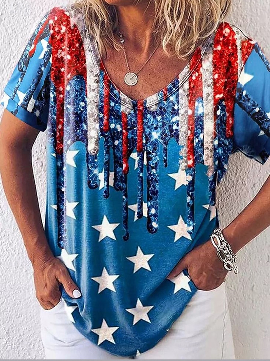 Tricou patriotic pentru femei grafic cu steag elegant casual cu mânecă scurtă cu decolteu în V tops regulate pentru zi cu zi imprimeu albastru regal albastru fucsia verde vară primăvară 2025 - $19.99 –P1