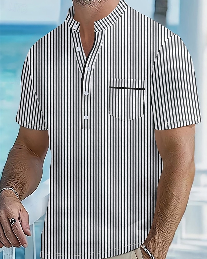 Men's Polo Shirts Golf Shirt Outdoor Daily Wear Banded Collar Short Sleeve Fashion Hawaiian Stripe Pocket Summer Regular Fit Black Blue Sky Blue Green Apricot Polo Shirts 2026 - $21.99 –P11