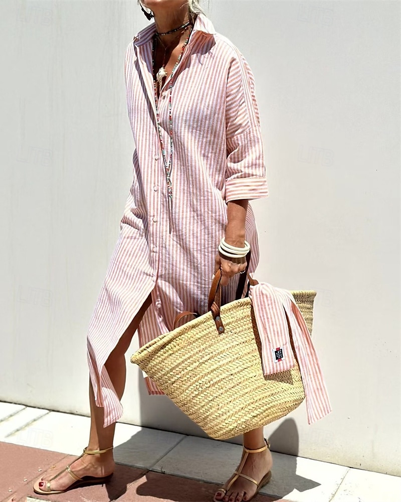 Femmes Robe Midi Robes inspirées du lin Robe Chemise Robe Décontractée Mode Moderne Quotidien Plage Week-end Coupe régulière Rayé manche longue Col de chemise Rose Claire Marron clair Bleu Ét de 2025 ? $36.99 –P4