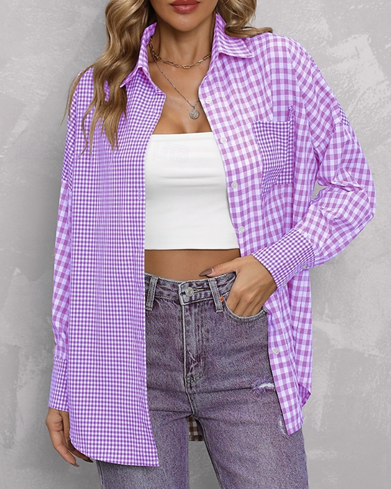 Per donna Camicia Blusa Plaid Moderno Casual Manica Lunga Colletto a Camicia Top Regolari Quotidiano Uscire Tasca Bottoni Viola Marrone Autunno del 2025 a $23.99 –P6