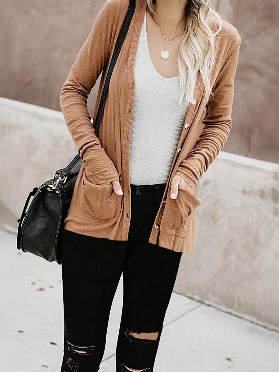 Dames Vrijetijdsjas Ademend Comfortabel Knop Zak Casual Effen Vakantie Straat Casual Alledaagse kleding Enkele rij knopen Normaal V-hals Normale pasvorm Lange mouw bovenkleding Wit Blozend Roze Khaki 2025 - $19.99 –P3