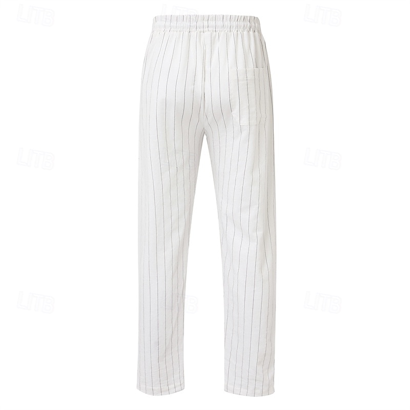 Men's Linen Pants Trousers Summer Pants Beach Pants Pocket Drawstring Elastic Waist Striped Comfort Breathable Vacation Daily Holiday Hawaiian Boho White 2025 - $18.99 –P3