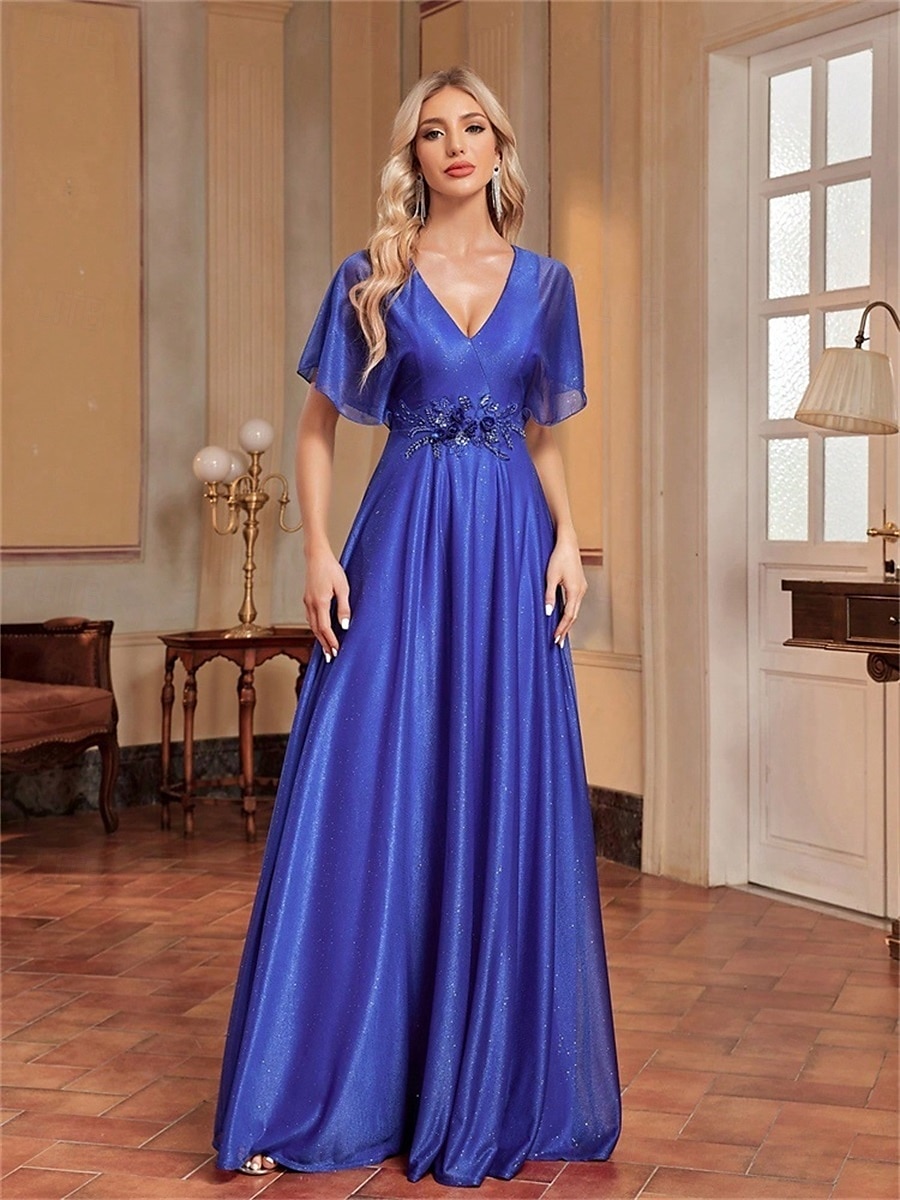 A-Linie Quinceanera Kleider Elegantes Kleid Formelle Hochzeit Bodenlang Kurzarm V-Ausschnitt Chiffon mit Falten 2025 - $99.99 –P14
