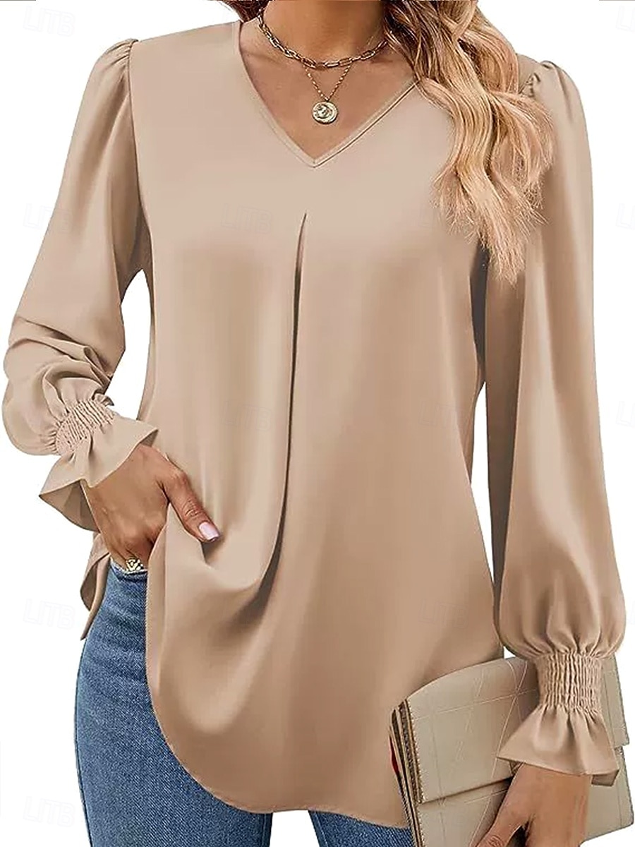 Damen Hemd Einfarbig Einfach Elegant Stilvoll Basic Langarm V Ausschnitt Einkerbiger Ausschnitt Normale Oberteile Arbeit Täglich Ferien Rüsche Rosa Rote Königsblau Orange Khaki Frühling Herbst Winter 2025 - $19.99 –P5