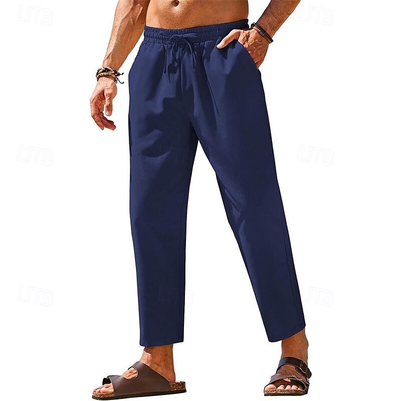 Herr Linne Byxor Långbyxor Sommarbyxor Strandbyxor Ficka Elastisk midja Snörning Slät Komfort Andningsfunktion Semester Dagligen Helgdag Hawaiisk Boho Mörkbrun Svart 2025 - $18.99 –P5