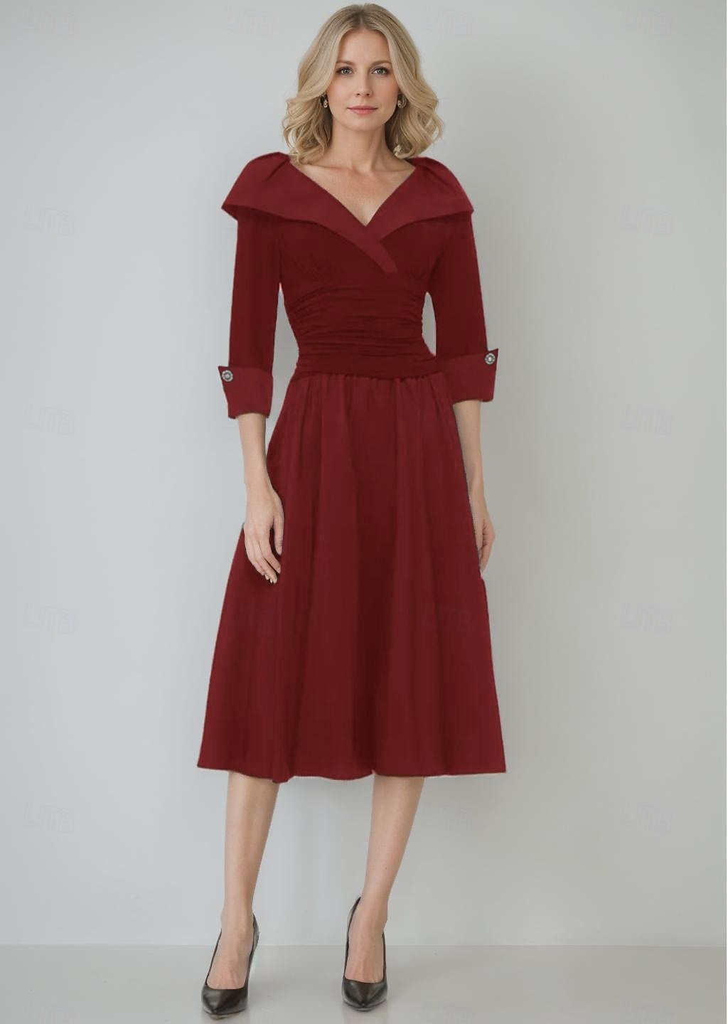 Vestido de mãe da noiva em corte A, elegante, simples e minimalista, decote em V, gola alta, comprimento chá, tafetá, chiffon elástico, manga 3/4, com botões, franzido 2025 de 2025 por $135.99 –P4