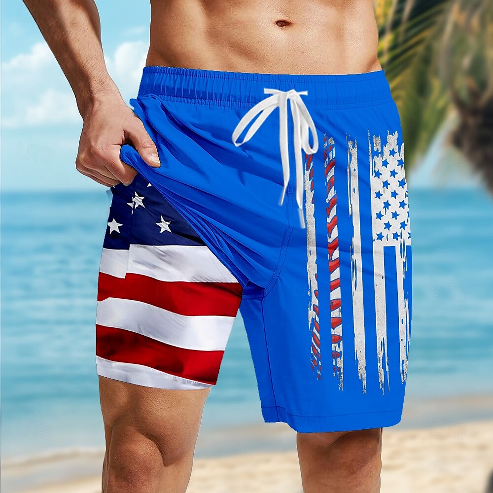 2025年 アメリカ独立記念日 男性用 愛国 米国旗 裏地付きショートパンツ 2 in 1 スイムショーツ スイムトランク ミディアムウエスト 祝日 サイドポケット コンプレッションライナー付き 伸縮性のあるドローストリングウエスト デザイナー 衣類 コレクション – $21.99 –P4