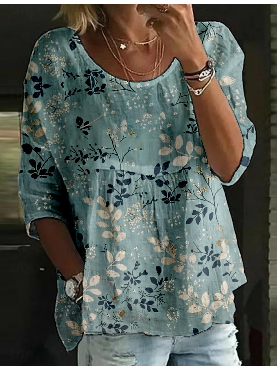 Dame Bluse Blomstret Stilfull 3/4 ermer Crew-hals Vanlige topper Daglig Ferie Trykt mønster Hvit Navyblå Blå Himmelblå Kakifarget Sommer 2025 - $16.99 –P3