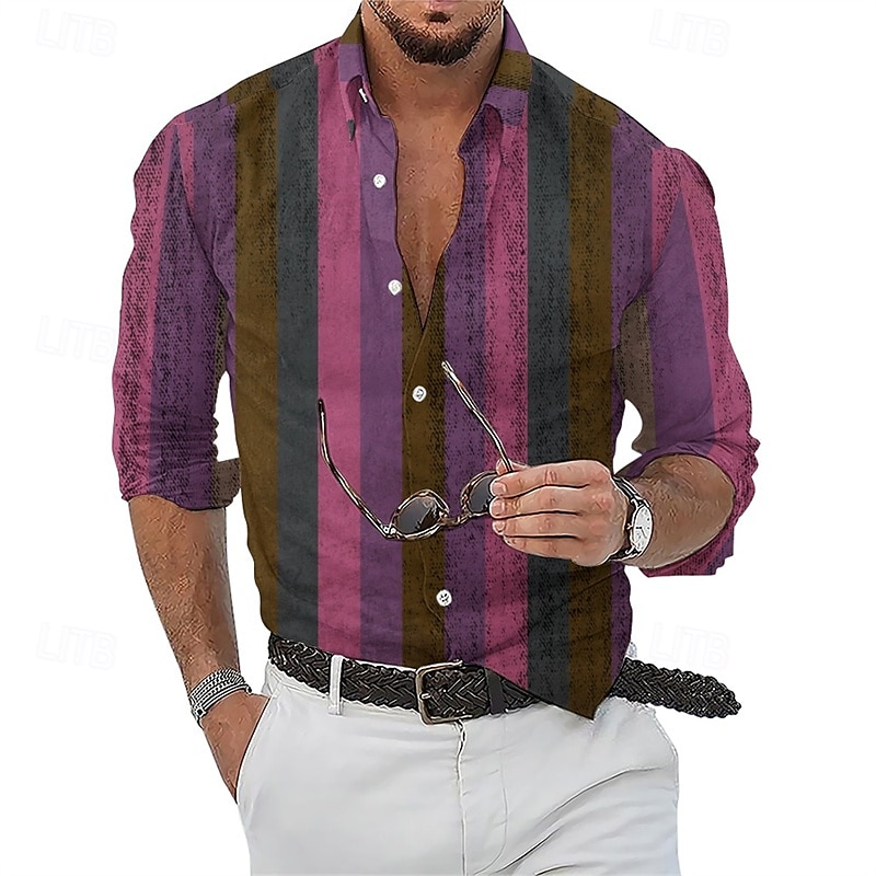 Per uomo Camicia Camicia Estiva Camicia casual Camicia da Spiaggia Camicia con Bottoni Verde chiaro Rosa Rosso Viola Verde Manica Lunga A righe Bavero Vacanza Camicia hawaiana Abbigliamento Poliestere del 2025 a $23.99 –P4