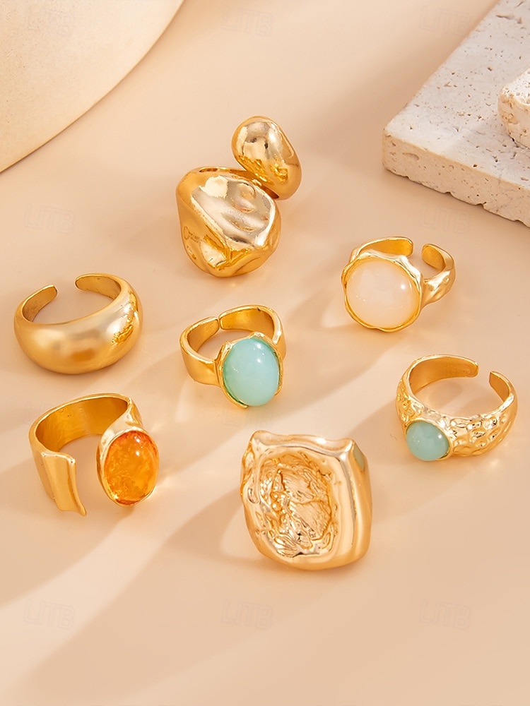 Damesett med vintage edelstener i gull – sett med flere statement-ringer med klumpete tekstur og fargerike harpiks-edelstener, egnet for kontor, vintage-mote, fest og hverdagsstil 2025 - $11.99 –P11