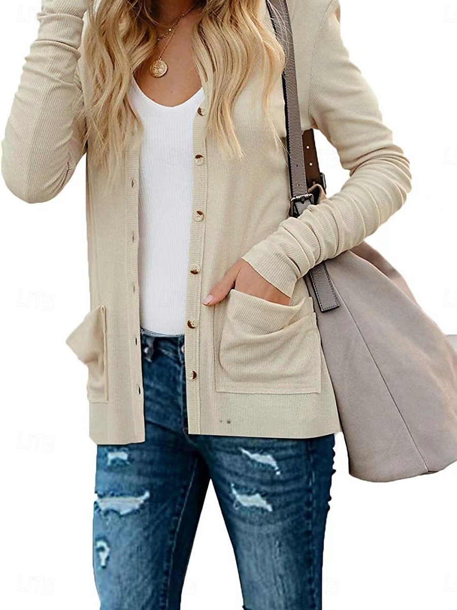 Dames Vrijetijdsjas Ademend Comfortabel Knop Zak Casual Effen Vakantie Straat Casual Alledaagse kleding Enkele rij knopen Normaal V-hals Normale pasvorm Lange mouw bovenkleding Wit Blozend Roze Khaki 2025 - $19.99 –P14