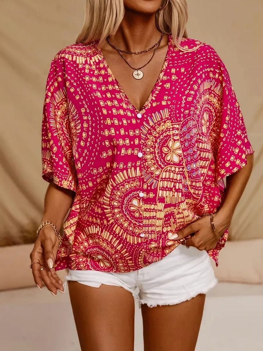 Women's Blouse Print Floral Graphic Bohemia Vintage Casual 3/4 Length Sleeve V Neck Regular Tops Daily Black Red Orange Green Summer Spring Fall 2026 - $19.99 –P5