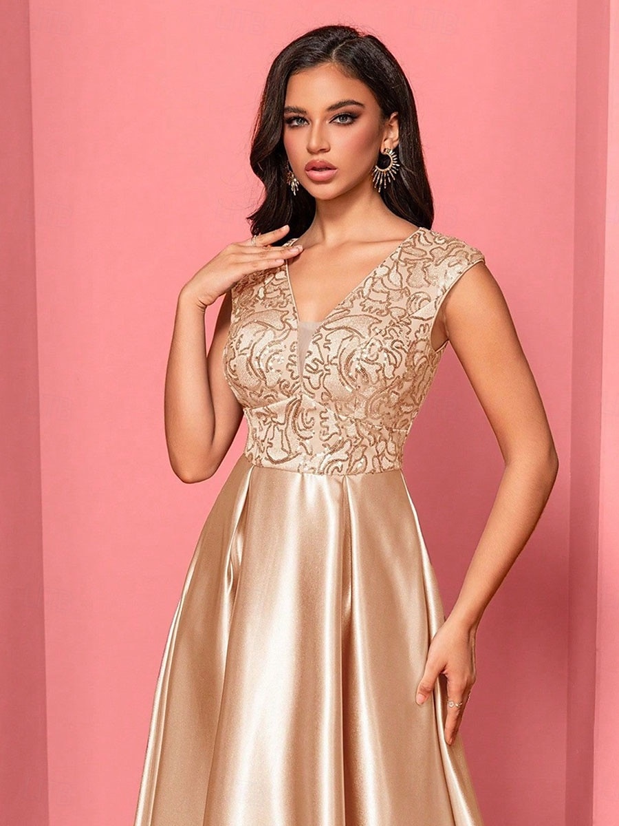 A-Linje Quinceanera Klänningar Elegant Klänning Formell Bröllop Golvlängd Ärmös V-Hals Polyester med Veck 2025 - $109.99 –P5