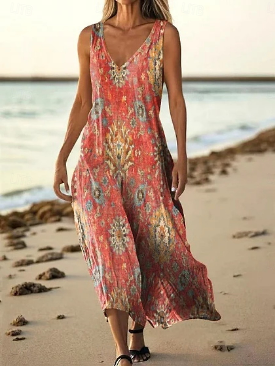 Damen Langes Kleid Maxikleid Freizeitkleid Trägerkleid Sommerkleid afrikanisch Täglich Ferien Strand Normale Passform Blumen Ärmellos V Ausschnitt Rosa Rote Marineblau Purpur Sommer 2025 - $20.99 –P3