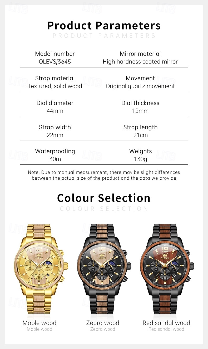 OLEVS 3645 Heren Horloge Top Merk Business Originele Kwarts Horloge Massief Hout Multifunctionele Chronograaf Maanfase Horloge 2026 - $62.99 –P8