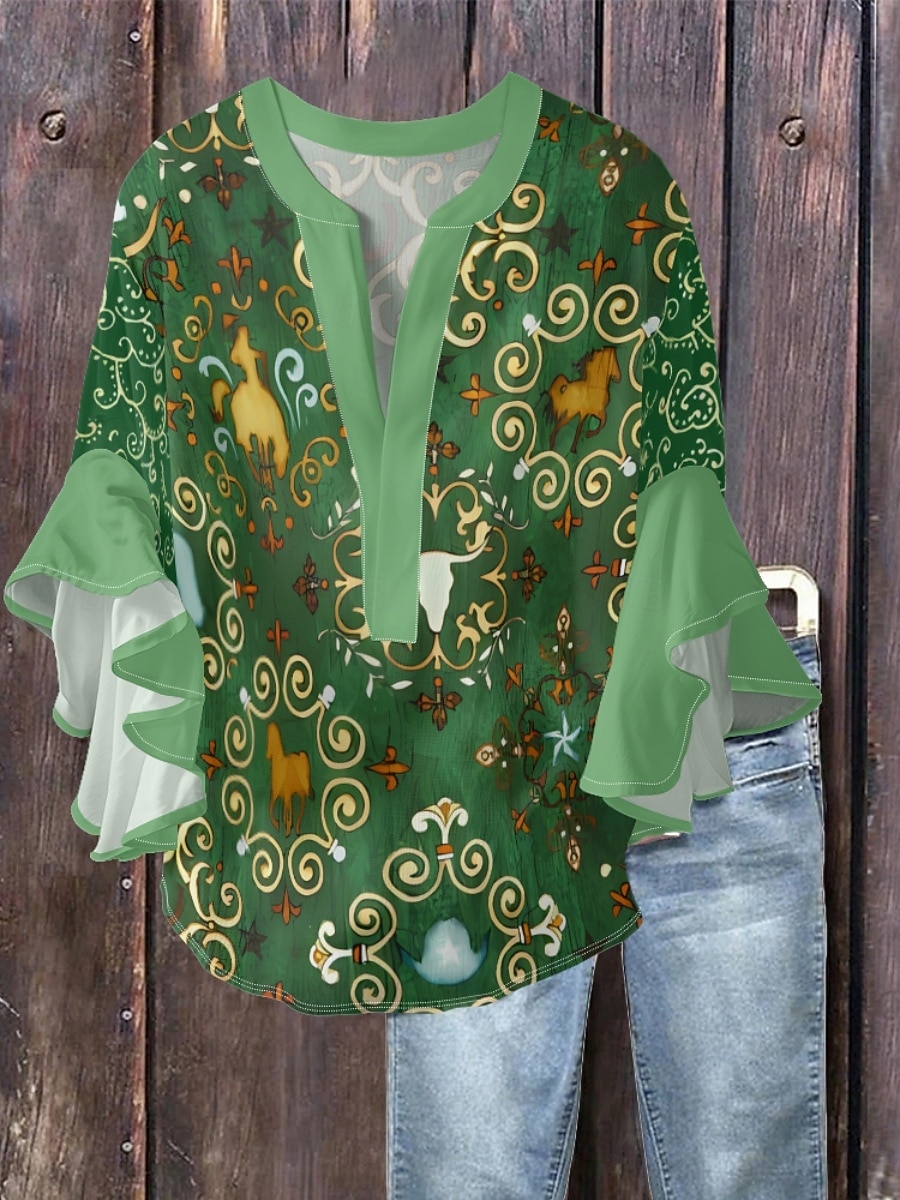 Mujer Blusa Volante Estampado Floral Elegante Moderno Manga 3/4 Escote en Pico Tops regulares Diario Festivos Azul Piscina Rosa Naranja Verde Trébol Verano 2026 - $37.99 –P2