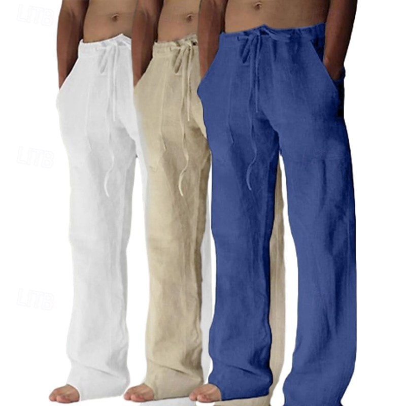 Homens Calças de linho Calças Calça verão Calças largas Calças de praia Bolsos Com Cordão Tecido Conforto Respirável Comprimento total Ioga Casual Diário Férias Estilo Clássico Khaki + Branco + Cinza de 2025 por $39.99 –P4