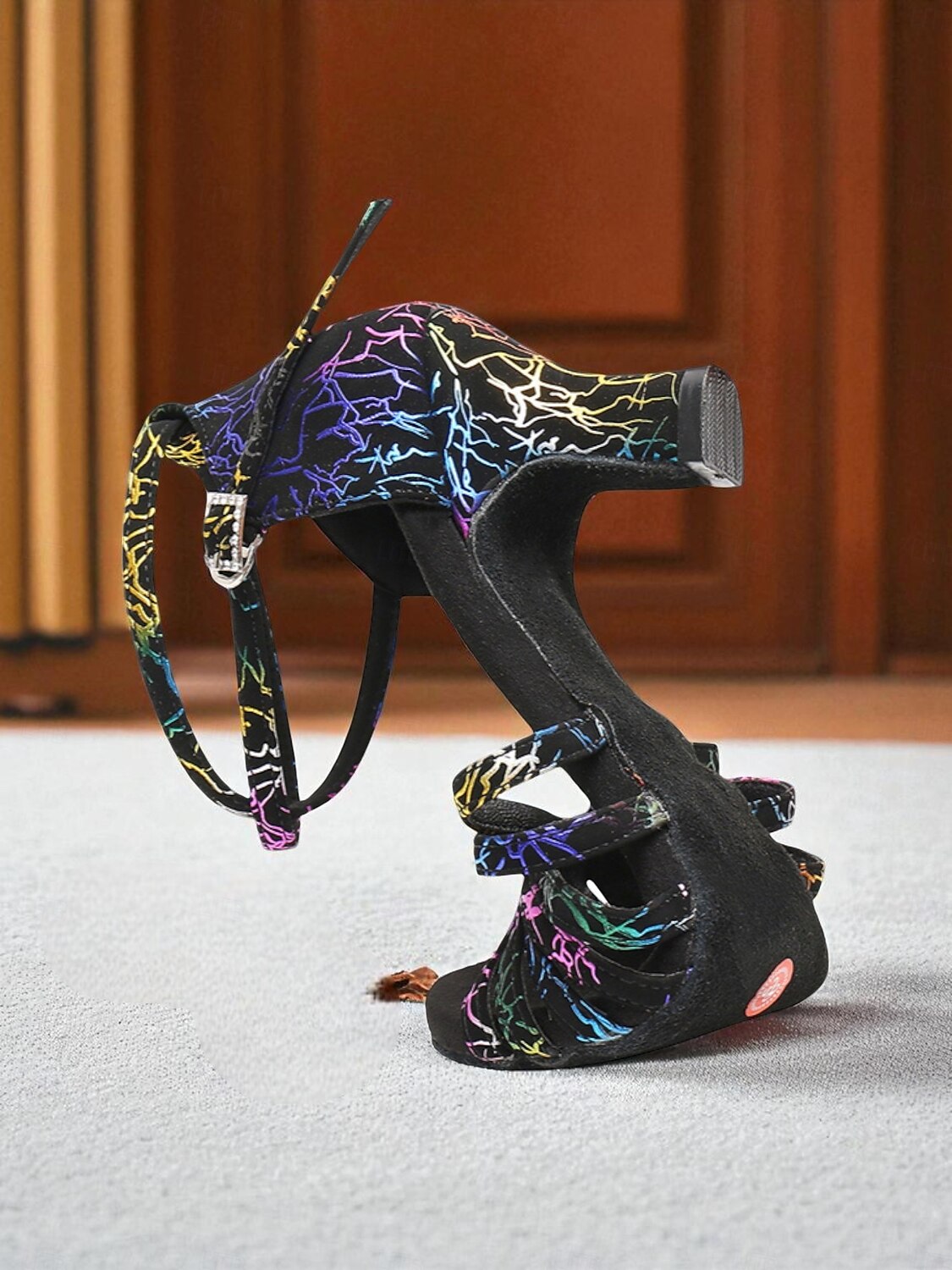 Women's Professional Satin Dance Sandals with Rainbow Cracked Design and Adjustable Ankle Strap for Ballroom and Latin Dance 2025 - $42.99 –P3