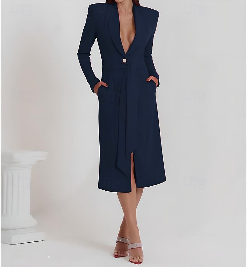 Robe trapèze pour mère de la mariée, robe smoking, élégante, portefeuille, simple, minimaliste, col en V, revers châle, longueur midi, longueur thé, crêpe, tissu extensible, manches longues, couleur de 2025 ? $120.99 –P7