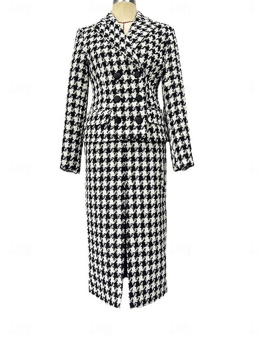 Houndstooth Klänning Set Mor till Bruden Klänning Elegant Enkel Krage Knälängd Dubbelknäppt Kavaj Lång ärm 2025 - $139.99 –P5