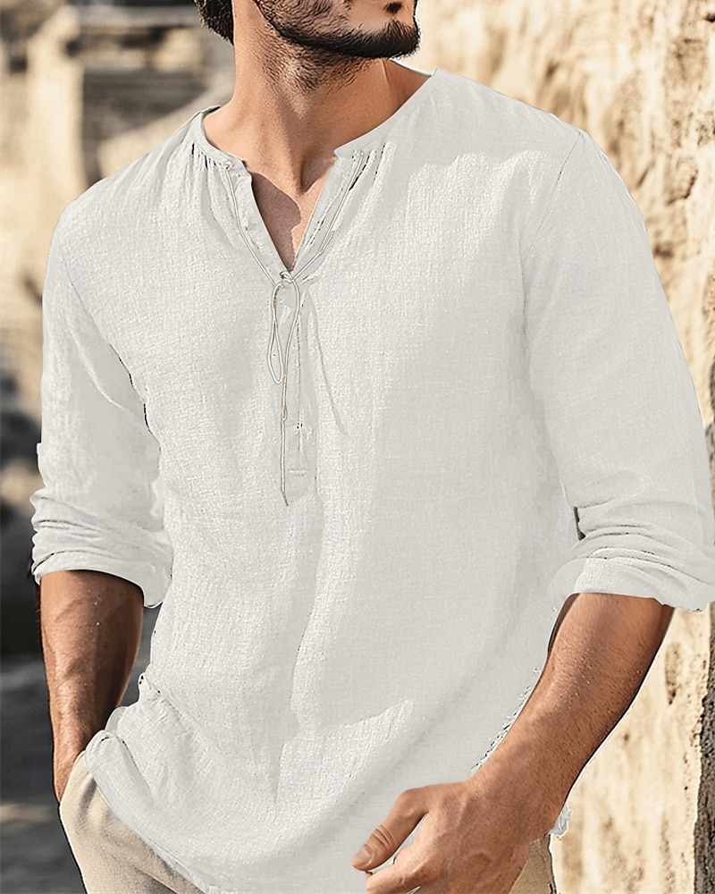 Herren Hemd Leinenhemd Popover-Hemd Freizeithemd Baumwollhemd Einfach Urlaub Hawaiianisch Schwarz Weiß Braun Grün Langarm V Ausschnitt Frühling Herbst Bekleidung 2025 - $32.99 –P2