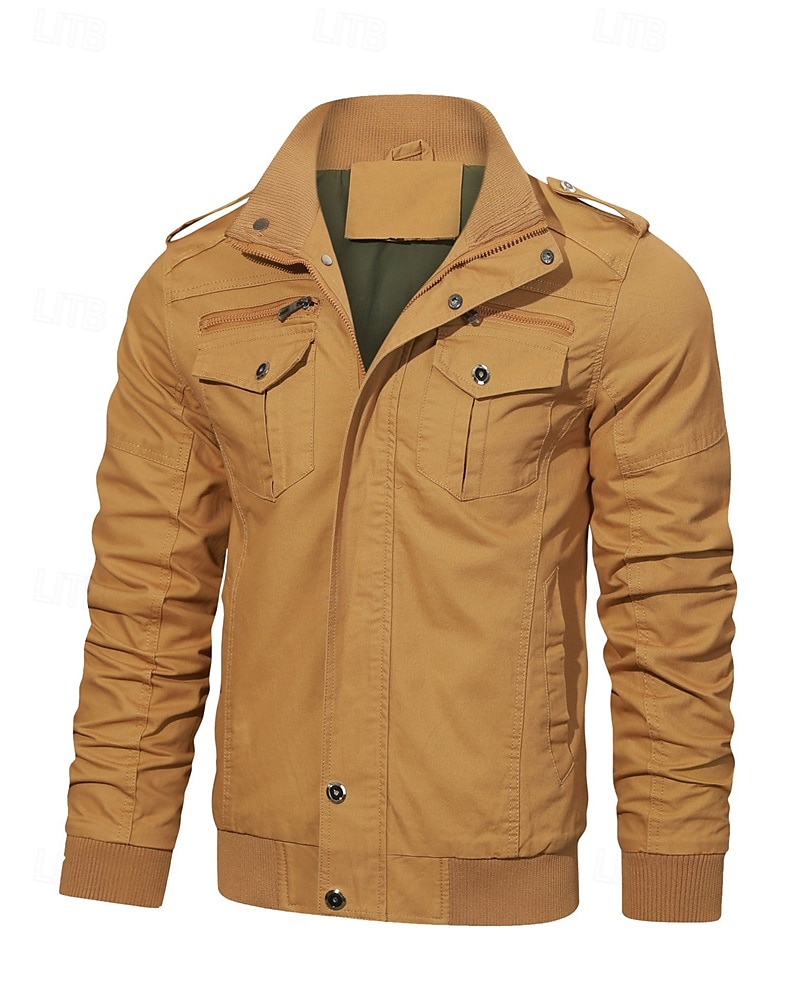 Men's Trucker Jacket Cargo Jacket Casual Jacket Vacation Daily Pocket Spring Fall Plain Fashion Classic Stand Collar Regular Black Khaki Army Green Jacket 2025 - $53.99 –P6
