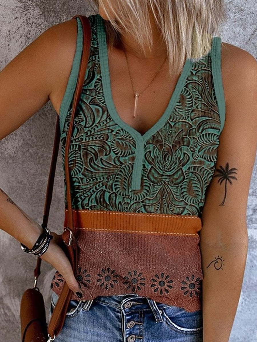 Per donna Canotta a canotta Grafico Blocco di colori Bohemien Elegante Retrò Vintage Senza Maniche Senza maniche Scollo a V Top corti Quotidiano Uscire Abbigliamento mare Stampato Nero Rosa Blu del 2025 a $17.99 –P5