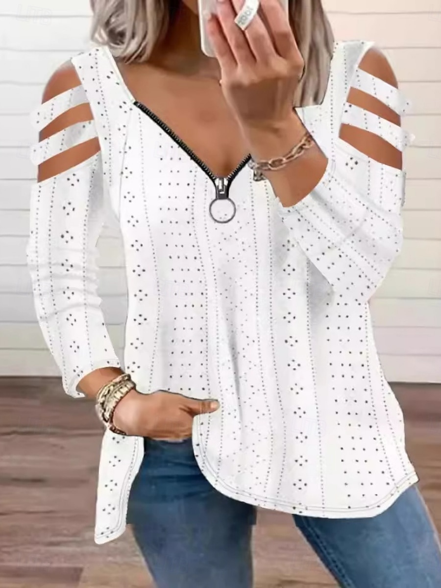 Damen Bluse Einfarbig Stilvoll Lässig Langarm V Ausschnitt Normale Oberteile Täglich Ausgehöhlt Reißverschluss Schwarz Weiß Rosa Blau Grün Sommer Frühling 2025 - $19.99 –P1