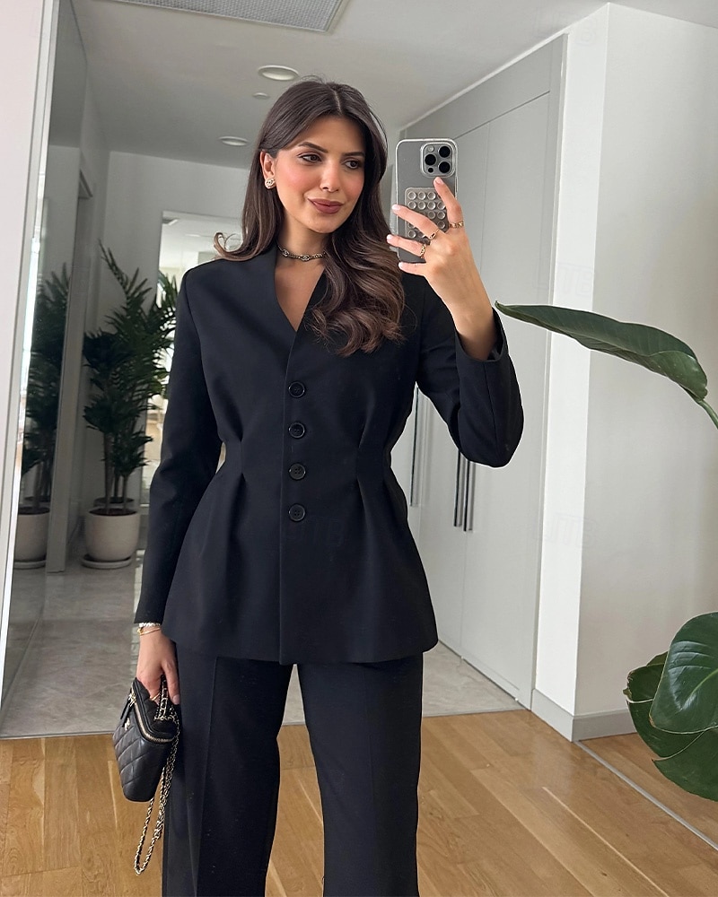 Macacão  Conjunto de Calças 2 Peças Conjunto de Mãe da Noiva Conjunto de Calças com Blazer Sem Gola Elegante Vintage Simples Mangas Longas Comprimento do Chão Calças com Detalhes de Pregas de 2025 por $169.99 –P8