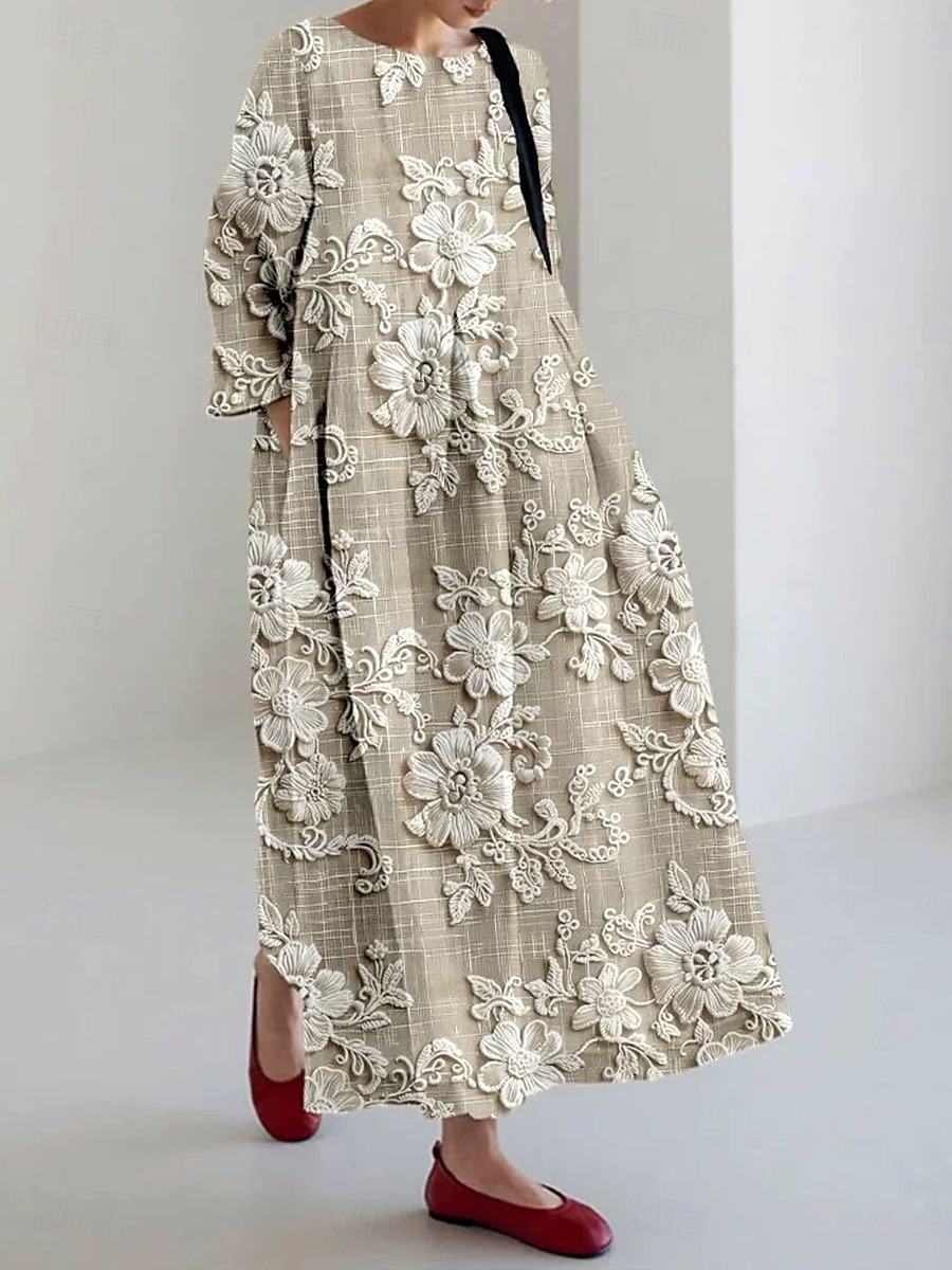 Damen Midikleid Sommerkleid A Linie Kleid Urlaub Lässig Strand Ferien Lässiger Schnitt Blumen Grafik Langarm Rundhalsausschnitt U-Boot-Ausschnitt Weiß Sahne Rosa Khaki Sommer Frühling Herbst 2025 - $26.99 –P1